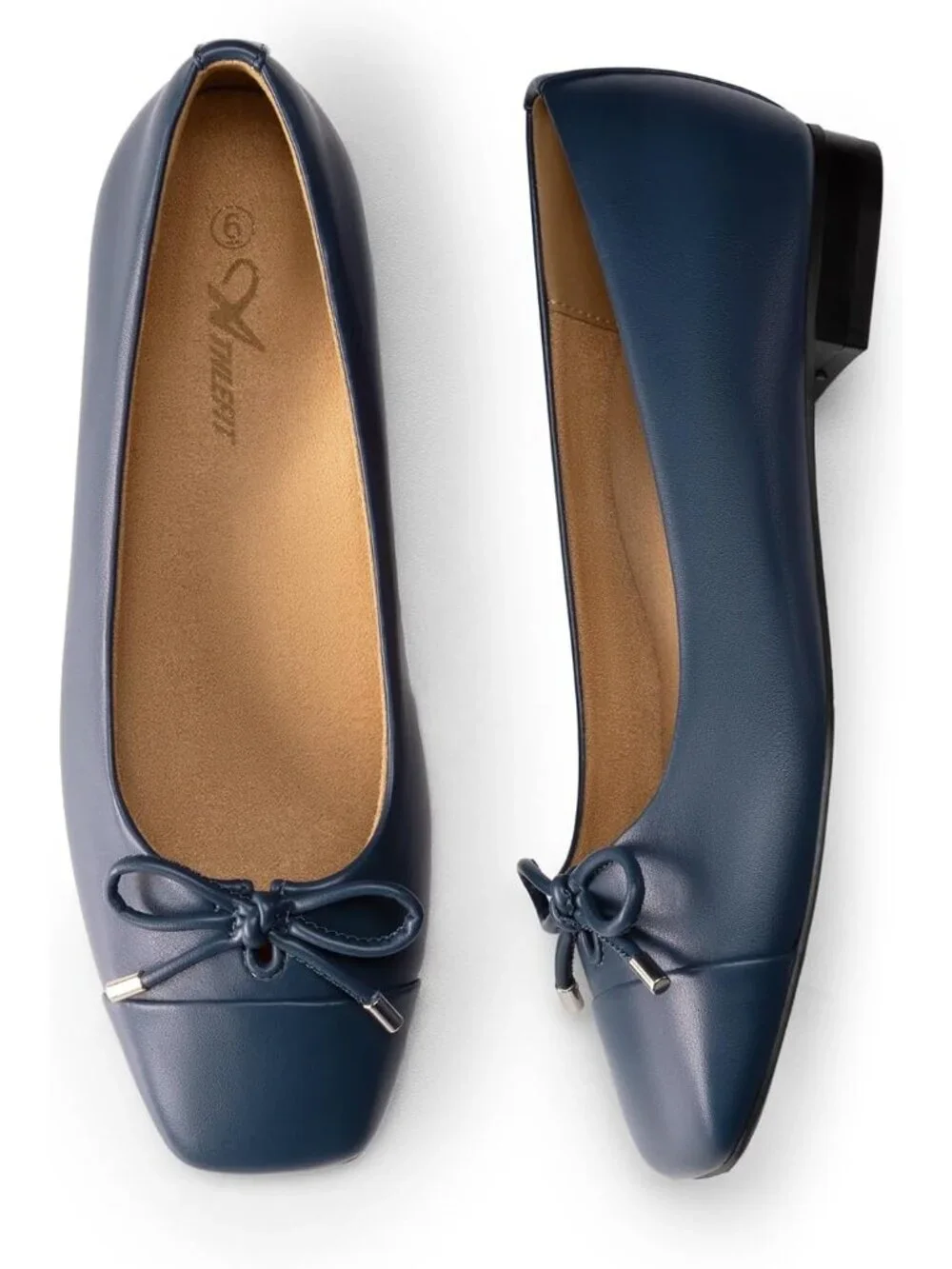 Women's Navy Ballet Flats Shoes Square Toe Bowknot Arch Support Comfortable